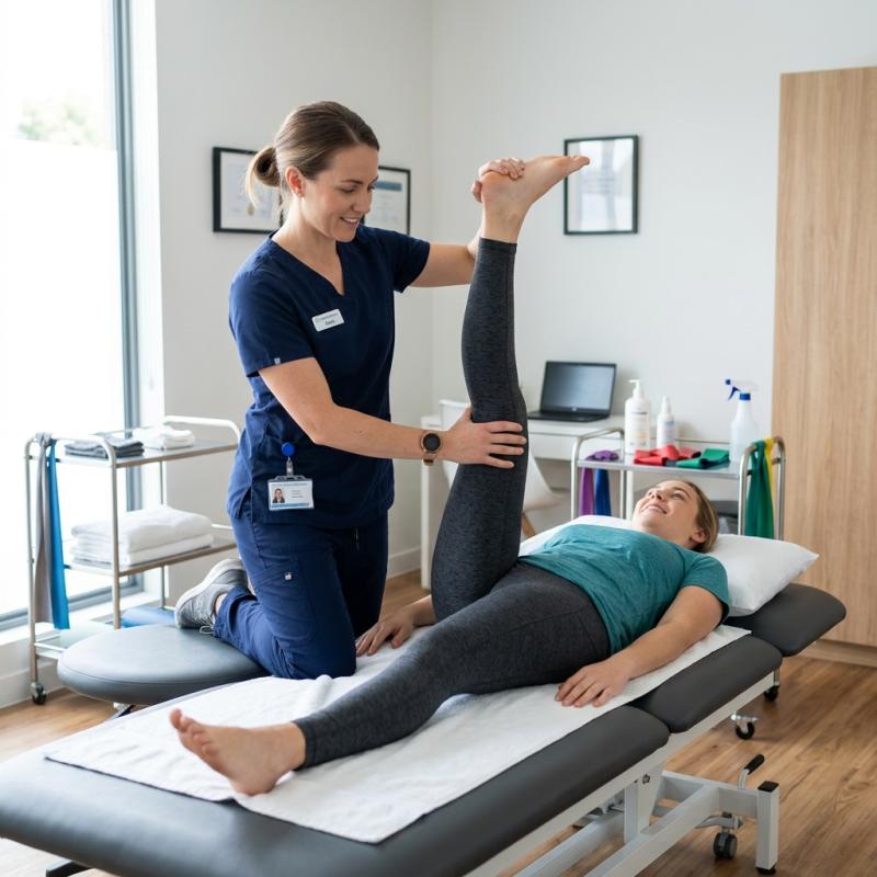 Physiotherapist guiding a patient through a treatment exercise